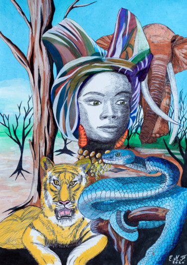 Savannah Dessin intitulée "Savannah" par Emmanuelle Menny Fleuridas, Œuvre d'art originale, Stylo à bille Monté sur Carton