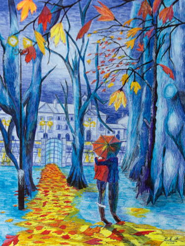 Disegno intitolato "Un soir d'automne" da Emmanuelle Menny Fleuridas, Opera d'arte originale, Biro