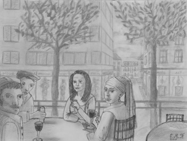 Enjoying a break at a local bar Dessin intitulée "Enjoying a break at…" par Emmanuelle Menny Fleuridas, Œuvre d'art originale, Crayon