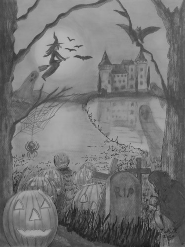 Drawing titled "Halloween" by Emmanuelle Menny Fleuridas, Original Artwork, Pencil