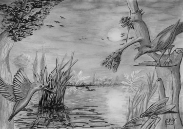 Dessin intitulée "Au bord du lac" par Emmanuelle Menny Fleuridas, Œuvre d'art originale, Crayon