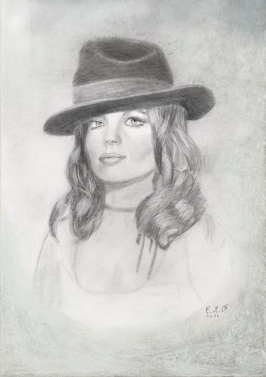 Dessin intitulée "young woman with hat" par Emmanuelle Menny Fleuridas, Œuvre d'art originale, Graphite