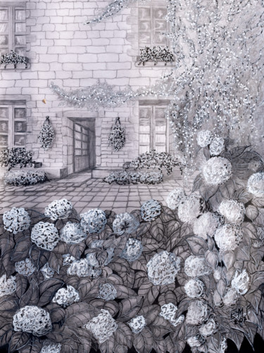 Disegno intitolato "Hortensias à Locron…" da Emmanuelle Menny Fleuridas, Opera d'arte originale, Grafite