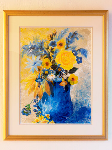 Painting titled "Etude en bleu et ja…" by Emmanuelle Menny Fleuridas, Original Artwork, Acrylic Mounted on Wood Panel