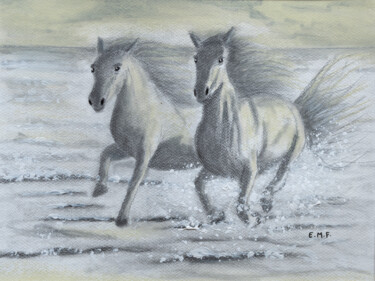 Dessin intitulée "Deux chevaux" par Emmanuelle Menny Fleuridas, Œuvre d'art originale, Graphite Monté sur Panneau de bois