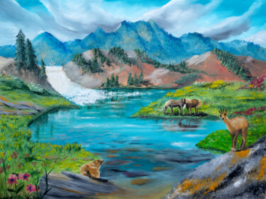 Painting titled "Autour du Lac" by Emmanuelle Menny Fleuridas, Original Artwork, Oil Mounted on Wood Stretcher frame