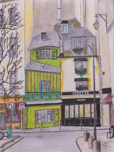 Desenho intitulada "77 rue Galande 75005" por Emmanuelle Menny Fleuridas, Obras de arte originais, Grafite Montado em Cartão