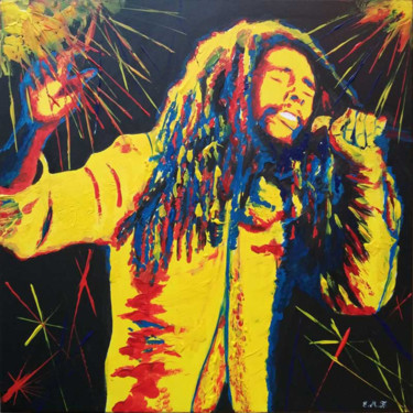 Schilderij getiteld "Bob Marley" door Emmanuelle Menny Fleuridas, Origineel Kunstwerk, Acryl Gemonteerd op Frame voor houten…