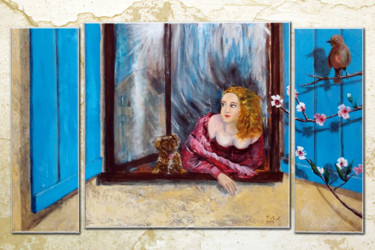 Painting titled "Les volets bleus" by Emmanuelle Menny Fleuridas, Original Artwork, Acrylic Mounted on Wood Stretcher frame