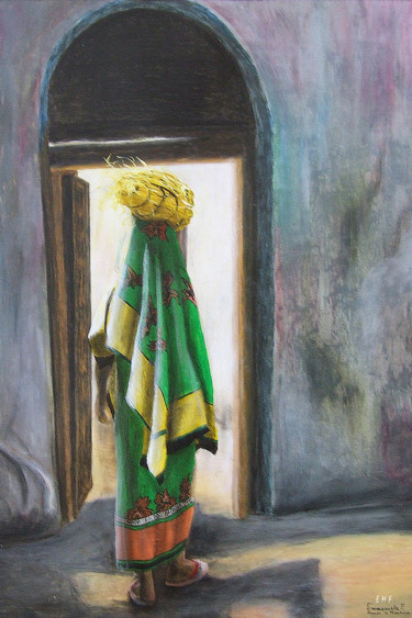 Painting titled "Woman in Mombasa" by Emmanuelle Menny Fleuridas, Original Artwork, Acrylic Mounted on Cardboard