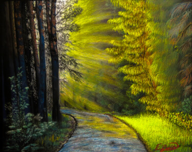 Painting titled "Sunbeams in the for…" by Emre Demir, Original Artwork, Pastel