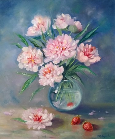 Painting titled "Peonies and strawbe…" by Ekaterina Suvorova, Original Artwork, Oil