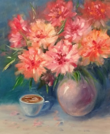 Картина под названием "Peonies and coffee" - Ekaterina Suvorova, Подлинное произведение искусства, Масло