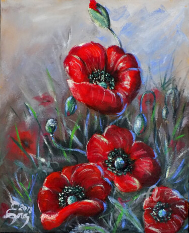 Painting titled "Five Poppies" by Nick Ercsei, Original Artwork, Acrylic