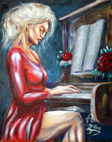 Painting titled "Piano Girl" by Nick Ercsei, Original Artwork, Acrylic