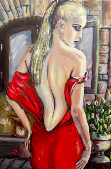 Painting titled "Red Dress" by Nick Ercsei, Original Artwork, Acrylic