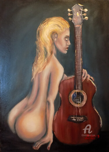 Painting titled "The Guitar" by Nick Ercsei, Original Artwork, Oil