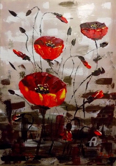 Painting titled "Poppy Composition 2" by Nick Ercsei, Original Artwork, Acrylic