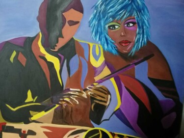 Painting titled "Musico y mujer con…" by Encarnita Martin, Original Artwork, Oil Mounted on Wood Stretcher frame