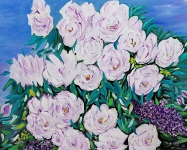 Painting titled "Rosas" by Encarnita Martin, Original Artwork, Oil Mounted on Wood Stretcher frame