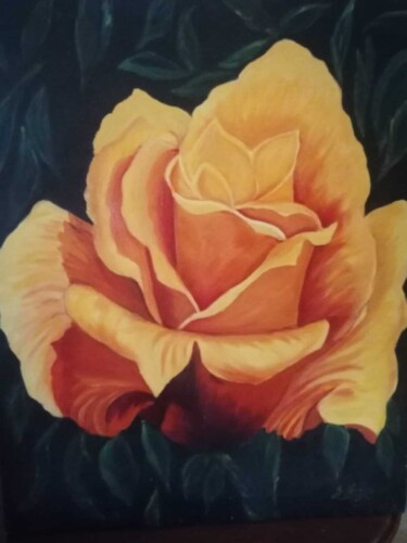 Painting titled "Rosa amarilla" by Encarnita Martin, Original Artwork, Oil Mounted on Wood Stretcher frame