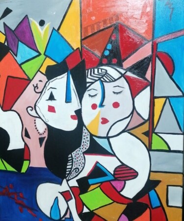 Painting titled "Cubismo" by Encarnita Martin, Original Artwork, Oil Mounted on Wood Stretcher frame