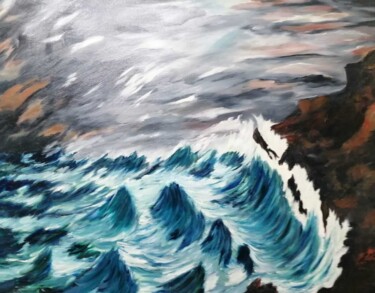 Pintura intitulada "Mar brava" por Encarnita Martin, Obras de arte originais, Óleo Montado em Armação em madeira