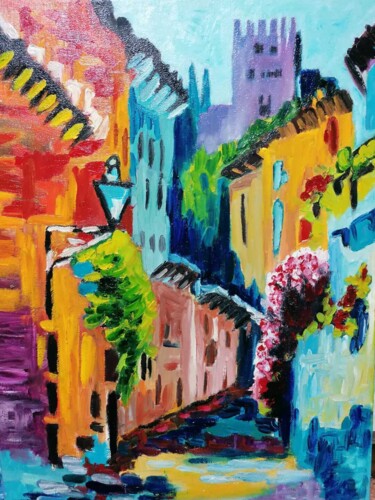 Painting titled "Alhambra" by Encarnita Martin, Original Artwork, Oil Mounted on Wood Stretcher frame