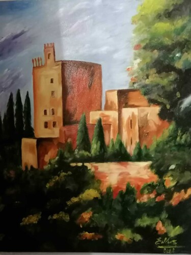 Painting titled "Torre de la Vela" by Encarnita Martin, Original Artwork, Oil Mounted on Wood Stretcher frame