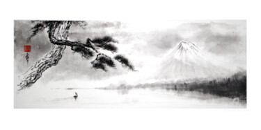 Au loin, le Mont Fuji Peinture intitulée "Au loin, le Mont Fu…" par Jean-Marc Moschetti (encre-zen), Œuvre d'art originale, Encre Monté sur Châssis