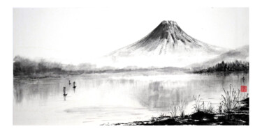 Sérénité du mont Fuji Peinture intitulée "Sérénité du mont Fu…" par Jean-Marc Moschetti (encre-zen), Œuvre d'art originale, Encre Monté sur Châssis
