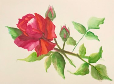 Painting titled "Красная роза" by Larissa Lukaneva, Original Artwork, Watercolor