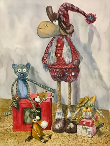Painting titled "Мамины игрушки" by Larissa Lukaneva, Original Artwork, Watercolor