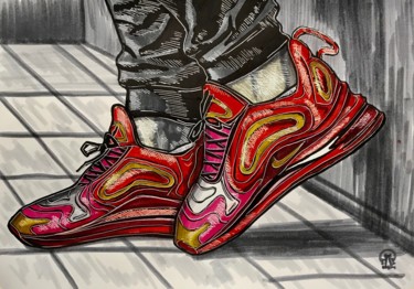 Dessin intitulée "Красные кроссовки.…" par Larissa Lukaneva, Œuvre d'art originale, Marqueur