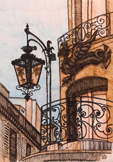 Dessin intitulée "Фонарь на балконе.…" par Larissa Lukaneva, Œuvre d'art originale, Stylo gel