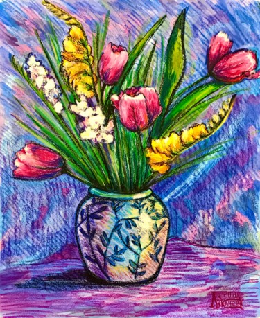 Desenho intitulada "Букет с тюльпанами" por Larissa Lukaneva, Obras de arte originais, Pastel