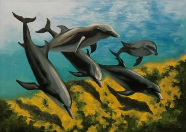Painting titled "Дельфинов стая 2" by Larissa Lukaneva, Original Artwork, Oil