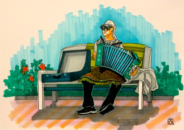 Dibujo titulada "Уличный музыкант. С…" por Larissa Lukaneva, Obra de arte original, Rotulador