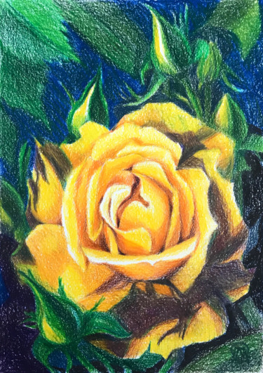 Dessin intitulée "Желтая роза 5" par Larissa Lukaneva, Œuvre d'art originale, Crayon