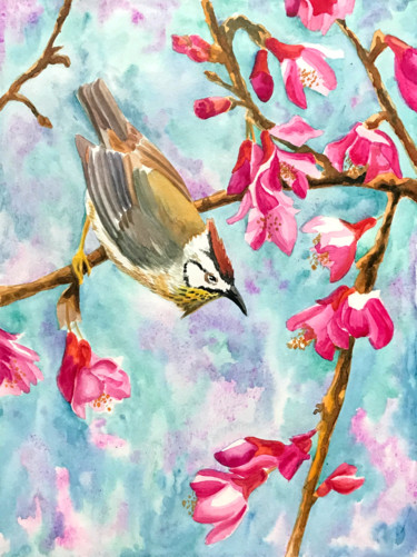 Dibujo titulada "Цветы и птица" por Larissa Lukaneva, Obra de arte original, Acuarela