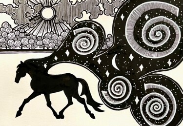 Рисунок под названием "Если в гриве у коня…" - Larissa Lukaneva, Подлинное произведение искусства, Чернила