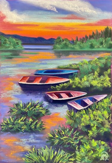 Рисунок под названием "Лодки на закате" - Larissa Lukaneva, Подлинное произведение искусства, Пастель