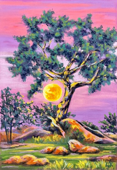 Dessin intitulée "Луна и дерево" par Larissa Lukaneva, Œuvre d'art originale, Crayon