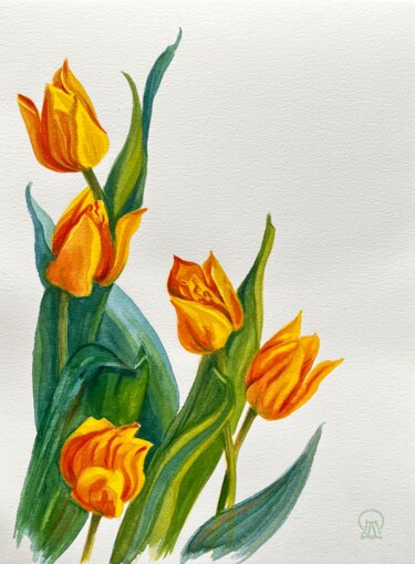 Рисунок под названием "Жёлтые тюльпаны" - Larissa Lukaneva, Подлинное произведение искусства, Акварель