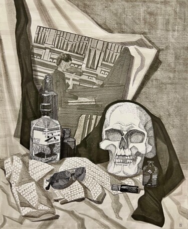 Рисунок под названием "Натюрморт с черепом…" - Larissa Lukaneva, Подлинное произведение искусства, Чернила