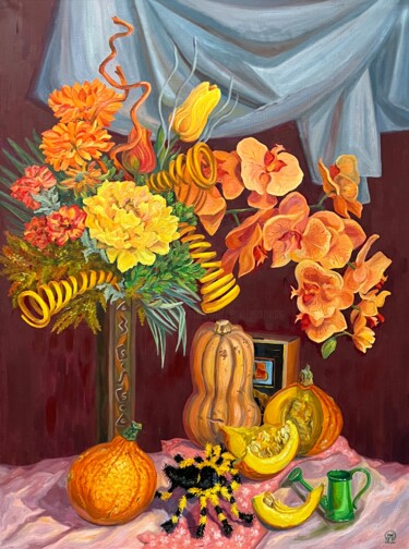 Painting titled "Цветы и тыквы" by Larissa Lukaneva, Original Artwork, Oil