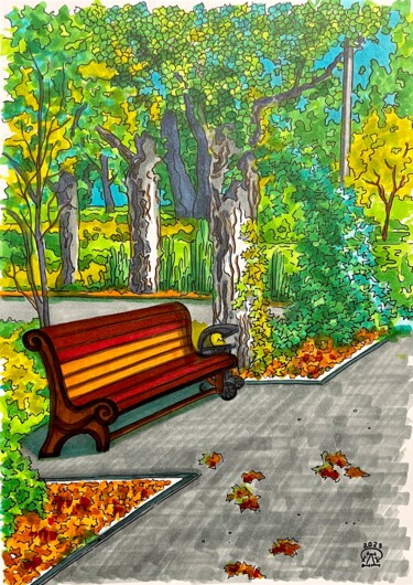 Desenho intitulada "Скамейка в парке. С…" por Larissa Lukaneva, Obras de arte originais, Marcador