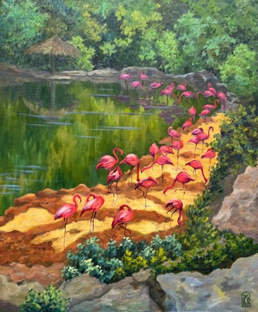 Ζωγραφική με τίτλο "Парк фламинго" από Larissa Lukaneva, Αυθεντικά έργα τέχνης, Λάδι