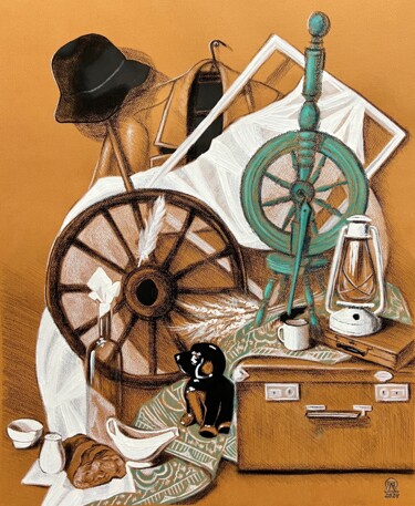 Dessin intitulée "Натюрморт с колесом…" par Larissa Lukaneva, Œuvre d'art originale, Craie