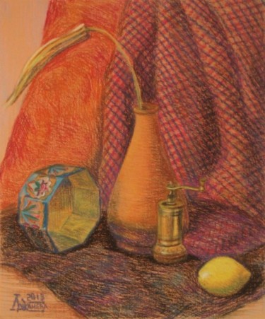 Malerei mit dem Titel "Натюрморт с лимоном…" von Larissa Lukaneva, Original-Kunstwerk